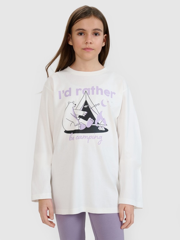 Dziewczęcy longsleeve z nadrukiem 4F 4FJRSS25TLONF542 - biały