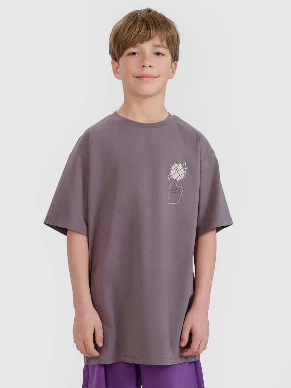 Chłopięcy t-shirt z nadrukiem 4F 4FJRSS25TTSHM2639 - fioletowy