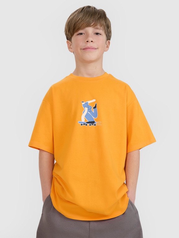 Chłopięcy t-shirt z nadrukiem 4F 4FJRSS25TTSHM2641 - pomarańczowy