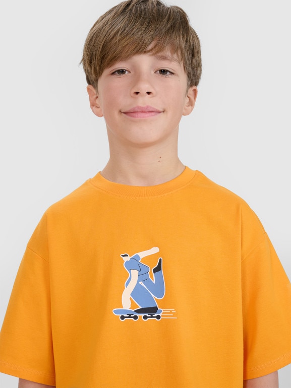Chłopięcy t-shirt z nadrukiem 4F 4FJRSS25TTSHM2641 - pomarańczowy