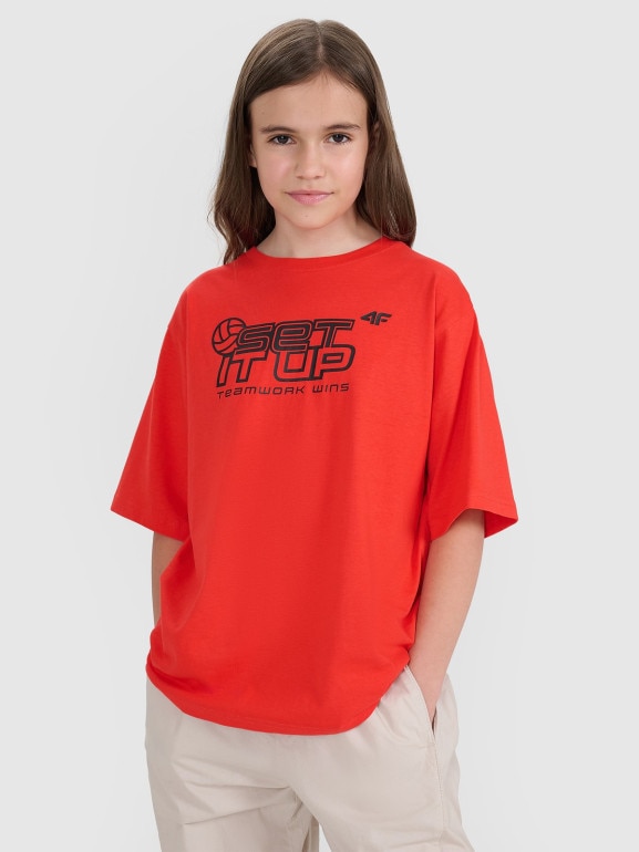 Dziecięcy t-shirt z nadrukiem 4F 4FJRSS25TTSHU3296 - czerwona