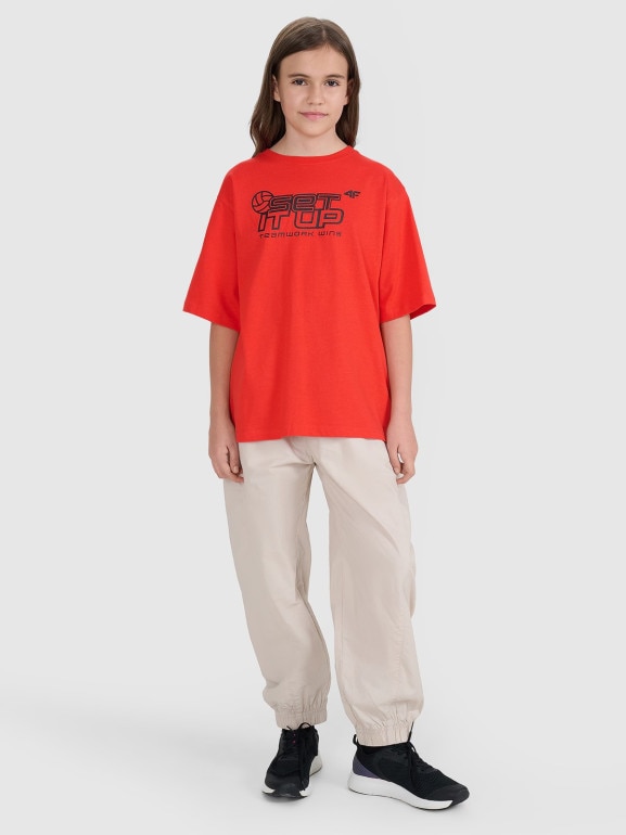 Dziecięcy t-shirt z nadrukiem 4F 4FJRSS25TTSHU3296 - czerwona