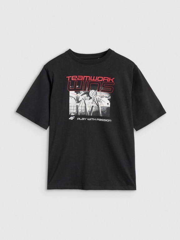 Dziecięca koszulka z nadrukiem 4F 4FJRSS25TTSHU3297 - czarna