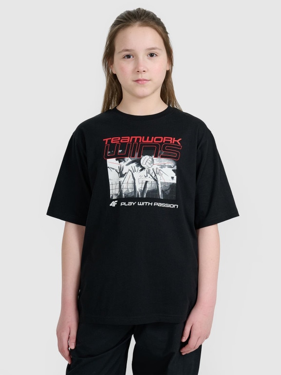 Dziecięca koszulka z nadrukiem 4F 4FJRSS25TTSHU3297 - czarna