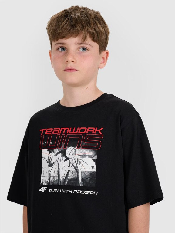 Dziecięca koszulka z nadrukiem 4F 4FJRSS25TTSHU3297 - czarna
