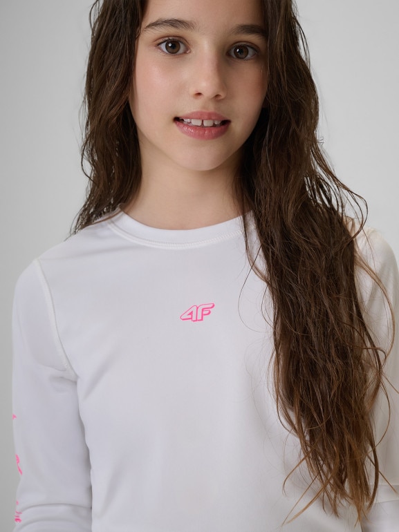 Dziewczęcy longsleeve do pływania UPF50+ 4F 4FJRSS26TFLOF697 - biały