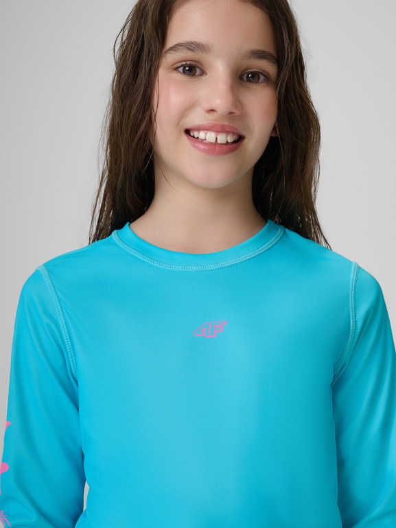Dziewczęcy longsleeve do pływania UPF50+ 4F 4FJRSS26TFLOF697 - niebieski