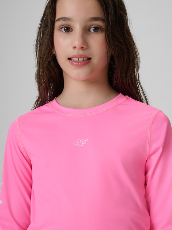 Dziewczęcy longsleeve do pływania UPF50+ 4F 4FJRSS26TFLOF697 - różowy