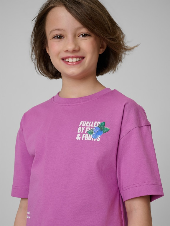 Dziewczęcy t-shirt z nadrukiem 4F 4FJRSS26TTSHF3827 - fioletowy