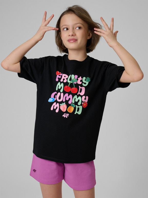Dziewczęcy t-shirt z nadrukiem 4F 4FJRSS26TTSHF3828 - czarny