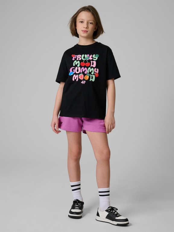 Dziewczęcy t-shirt z nadrukiem 4F 4FJRSS26TTSHF3828 - czarny