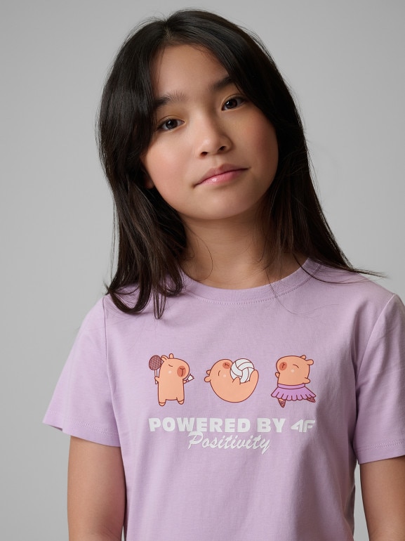 Dziewczęcy t-shirt z nadrukiem 4F 4FJRSS26TTSHF3869 - fioletowy