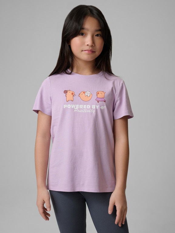 Dziewczęcy t-shirt z nadrukiem 4F 4FJRSS26TTSHF3869 - fioletowy