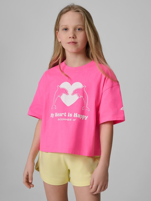 Dziewczęcy t-shirt z nadrukiem 4F 4FJRSS26TTSHF3908 - różowy