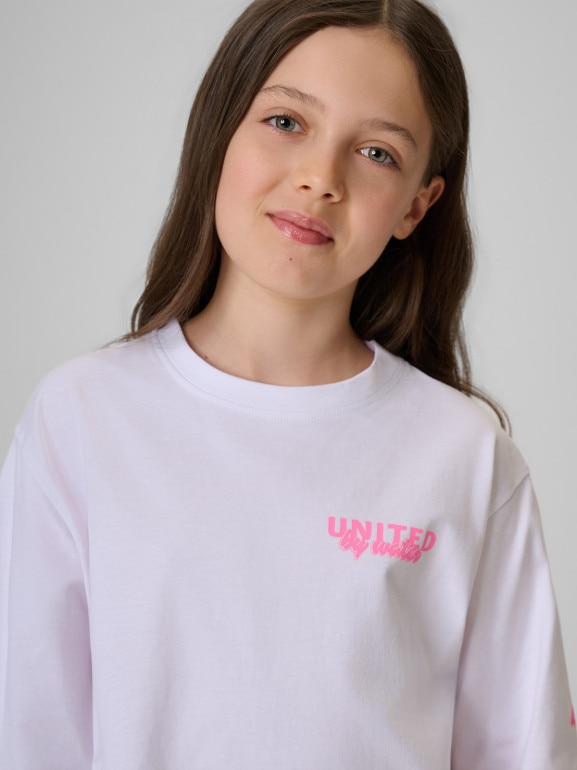 Dziewczęcy t-shirt z nadrukiem 4F 4FJRSS26TTSHF3910 - biały