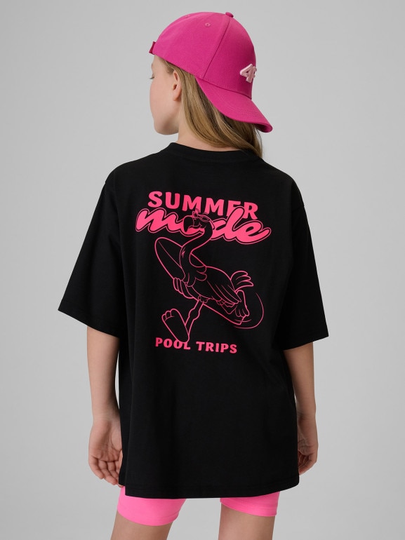 Dziewczęcy t-shirt z nadrukiem 4F 4FJRSS26TTSHF3910 - czarny