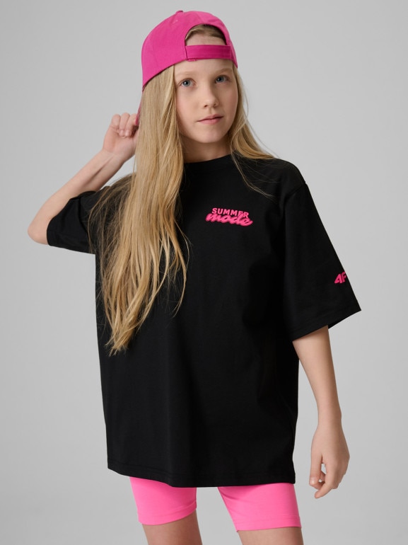 Dziewczęcy t-shirt z nadrukiem 4F 4FJRSS26TTSHF3910 - czarny
