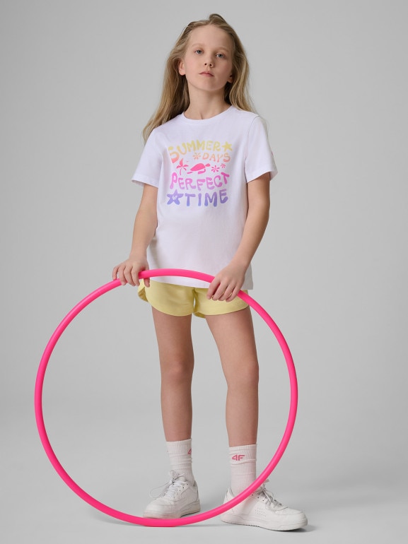 Dziewczęcy t-shirt z nadrukiem 4F 4FJRSS26TTSHF3913 - biały