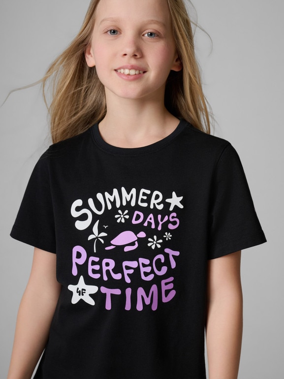 Dziewczęcy t-shirt z nadrukiem 4F 4FJRSS26TTSHF3913 - czarny