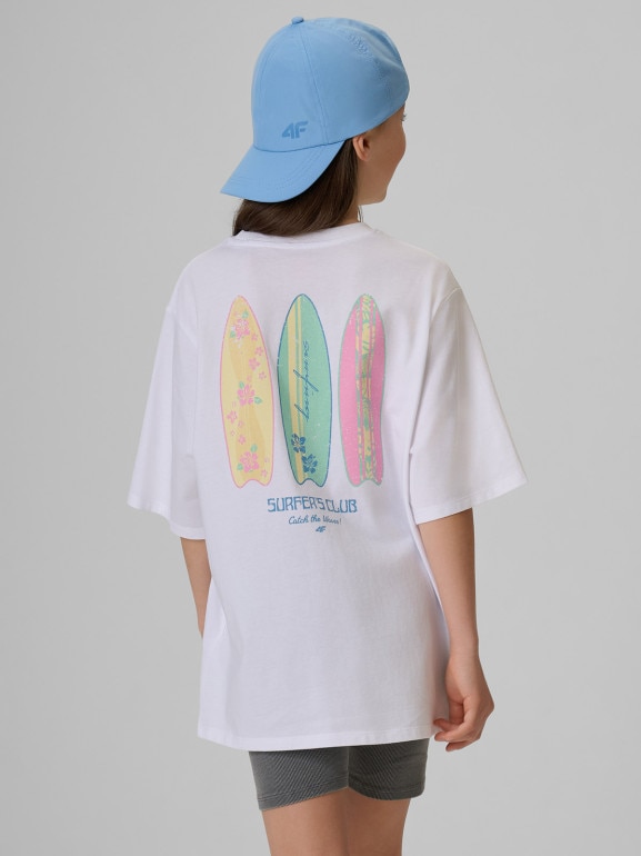 Dziewczęcy t-shirt z nadrukiem 4F 4FJRSS26TTSHF3980 - biały