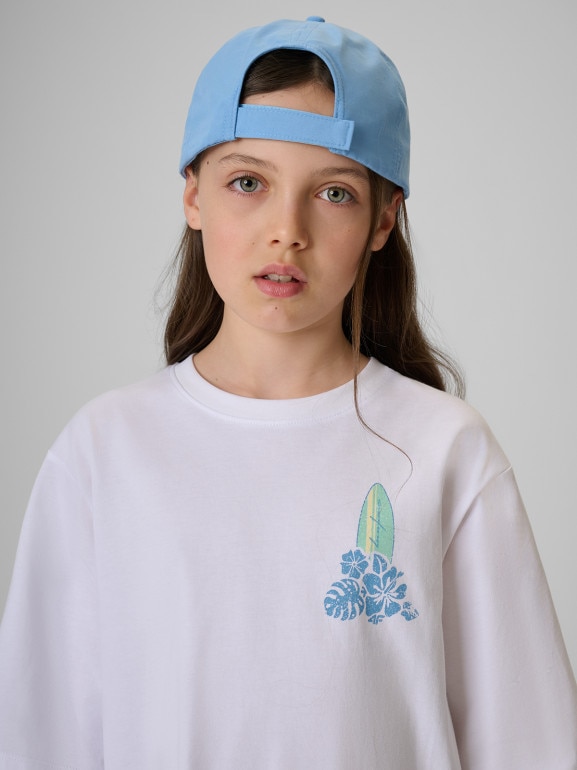 Dziewczęcy t-shirt z nadrukiem 4F 4FJRSS26TTSHF3980 - biały