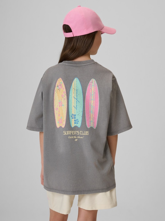 Dziewczęcy t-shirt z nadrukiem 4F 4FJRSS26TTSHF3980 - szary