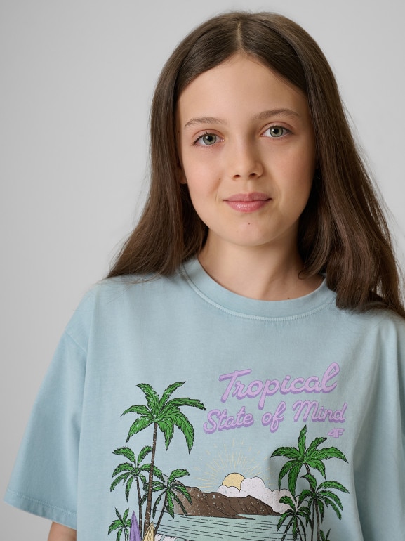 Dziewczęcy t-shirt z nadrukiem 4F 4FJRSS26TTSHF3981 - niebieski