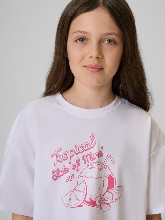 Dziewczęcy crop top z nadrukiem 4F 4FJRSS26TTSHF3983 - biały