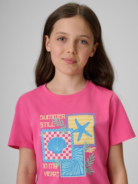 Dziewczęcy t-shirt z nadrukiem 4F 4FJRSS26TTSHF4418 - różowy