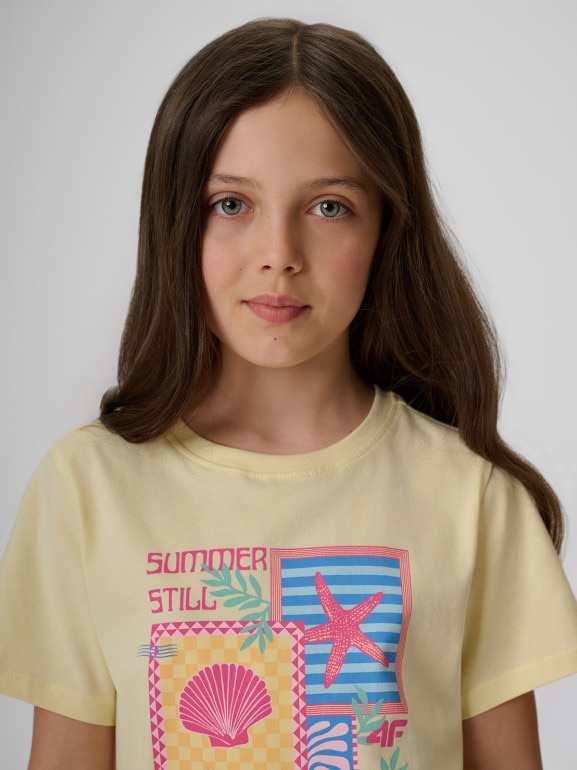 Dziewczęcy t-shirt z nadrukiem 4F 4FJRSS26TTSHF4418 - żółty