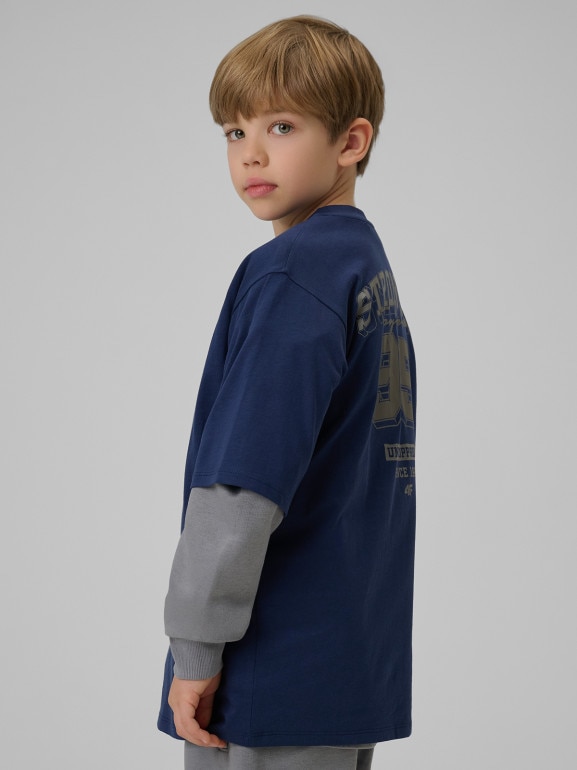 Chłopięcy t-shirt z nadrukiem 4F 4FJRSS26TTSHM3465 - granatowy