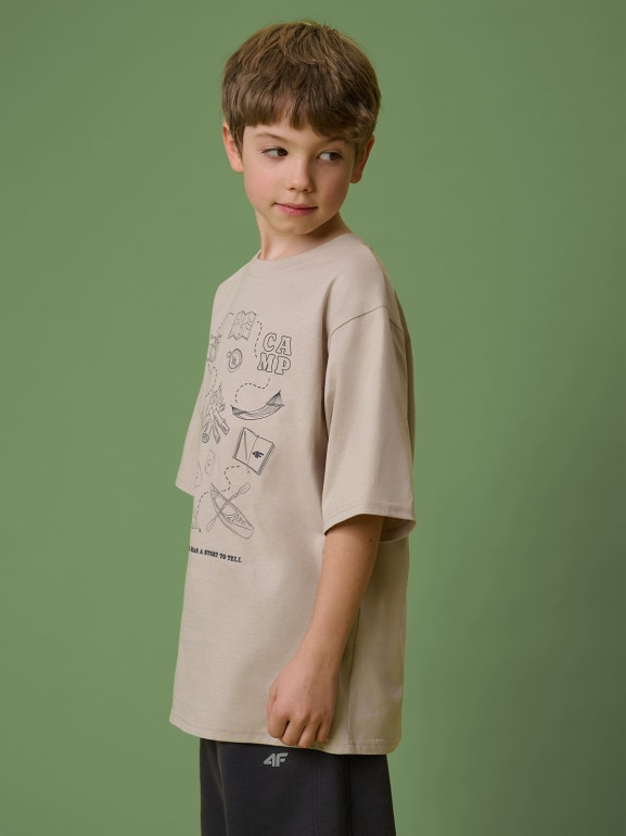 Chłopięcy t-shirt z nadrukiem 4F 4FJRSS26TTSHM3697 - beżowy