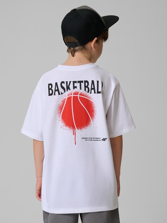 Chłopięca koszulka z nadrukiem 4F 4FJRSS26TTSHM3835 - biała