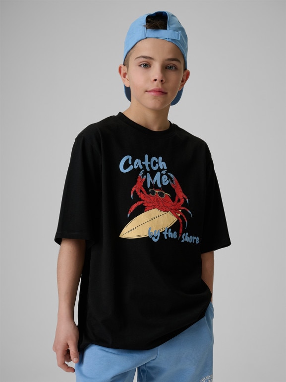 Chłopięcy t-shirt z nadrukiem 4F 4FJRSS26TTSHM3903 - czarny