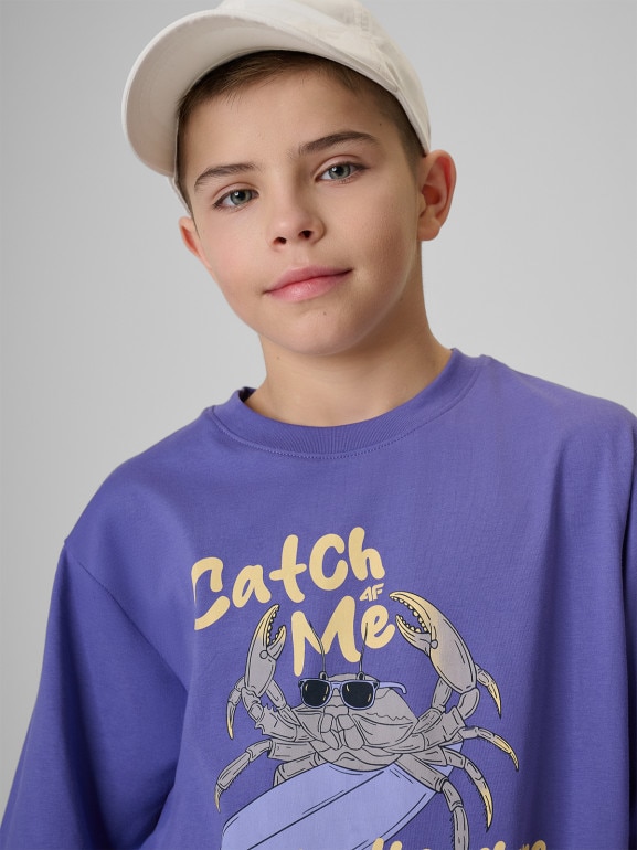 Chłopięcy t-shirt z nadrukiem 4F 4FJRSS26TTSHM3903 - fioletowy