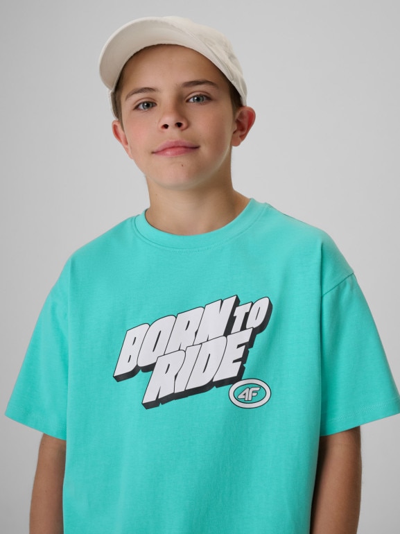 Chłopięcy t-shirt z nadrukiem 4F 4FJRSS26TTSHM4174 - miętowy