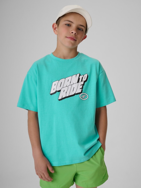 Chłopięcy t-shirt z nadrukiem 4F 4FJRSS26TTSHM4174 - miętowy
