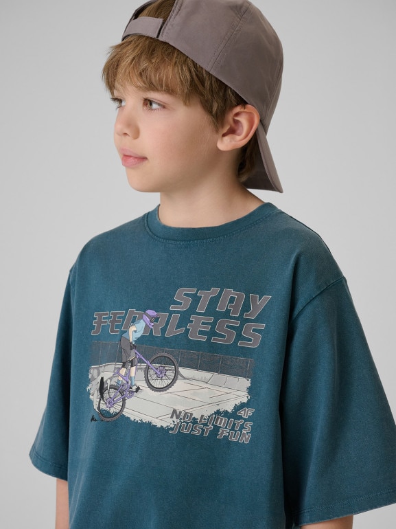 Chłopięcy t-shirt z nadrukiem 4F 4FJRSS26TTSHM4279 - turkusowy