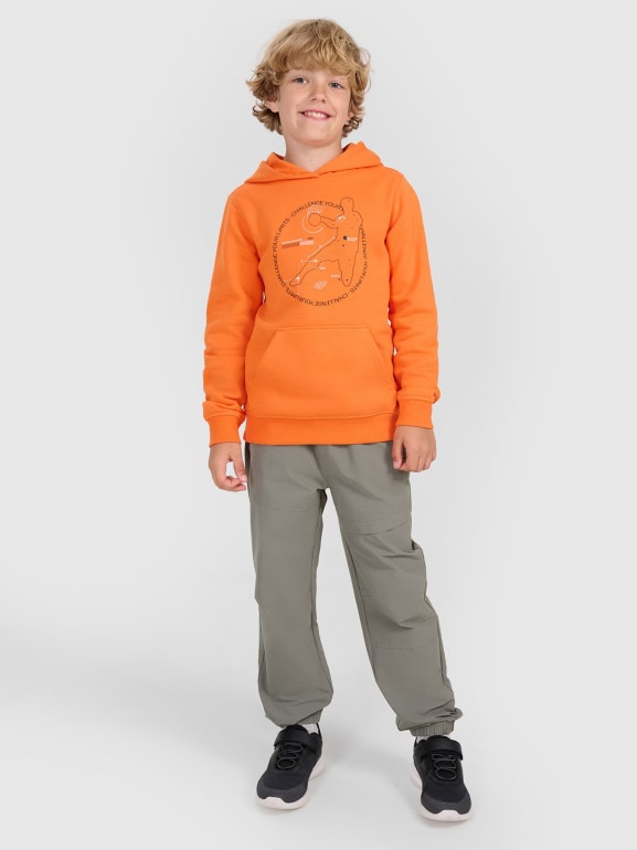 Chłopięca bluza nierozpinana z kapturem 4F 4FJWAW25TSWSM1958 - cpomarańczowa