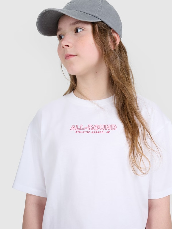 Dziewczęcy t-shirt z nadrukiem oversize 4F 4FJWAW25TTSHF2387 - biały