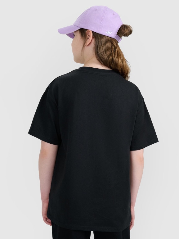 Dziewczęcy t-shirt z nadrukiem oversize 4F 4FJWAW25TTSHF2387 - czarny