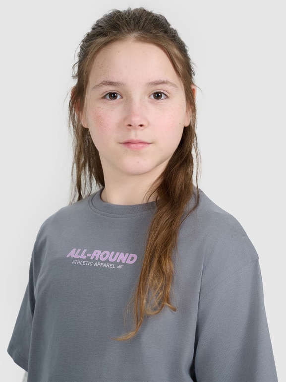 Dziewczęcy t-shirt z nadrukiem oversize 4F 4FJWAW25TTSHF2387 - szary