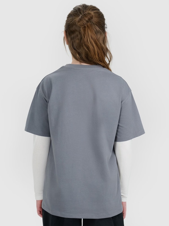 Dziewczęcy t-shirt z nadrukiem oversize 4F 4FJWAW25TTSHF2387 - szary
