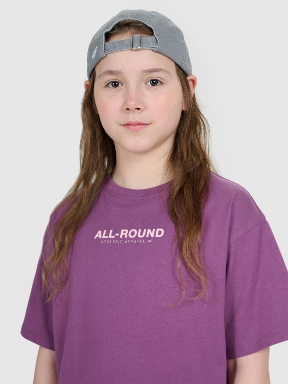 Dziewczęcy t-shirt z nadrukiem oversize 4F 4FJWAW25TTSHF2387 - fioletowy