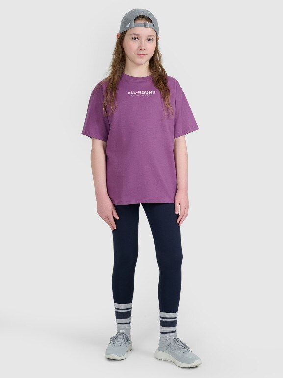 Dziewczęcy t-shirt z nadrukiem oversize 4F 4FJWAW25TTSHF2387 - fioletowy