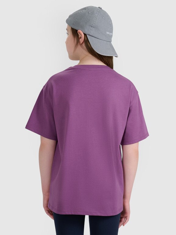 Dziewczęcy t-shirt z nadrukiem oversize 4F 4FJWAW25TTSHF2387 - fioletowy