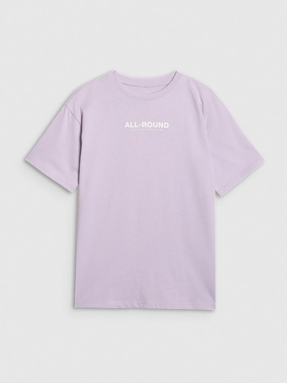 Dziewczęcy t-shirt z nadrukiem oversize 4F 4FJWAW25TTSHF2387 - fioletowy