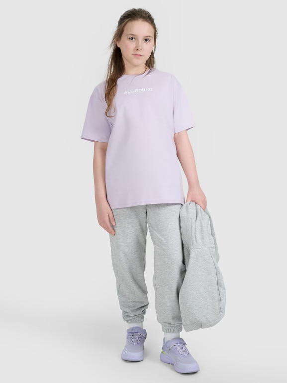 Dziewczęcy t-shirt z nadrukiem oversize 4F 4FJWAW25TTSHF2387 - fioletowy