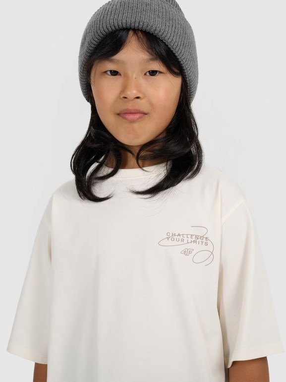 Dziewczęcy t-shirt oversize z nadrukiem 4F 4FJWAW25TTSHF2394 - biały