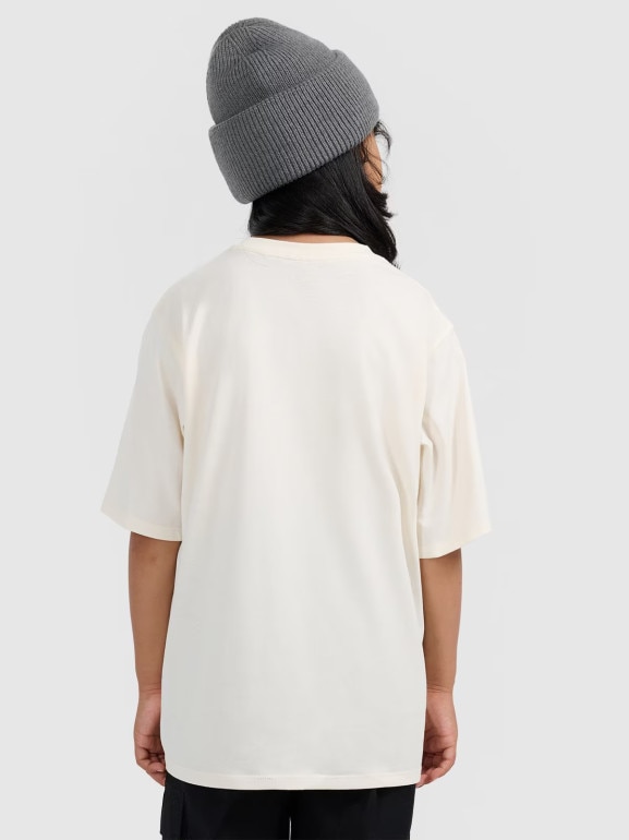 Dziewczęcy t-shirt oversize z nadrukiem 4F 4FJWAW25TTSHF2394 - biały